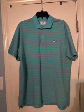 Men’s Vineyard Vines Aqua Polo with Coral Stripes